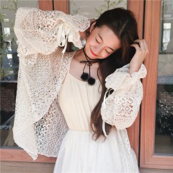 春装新款女装韩版甜美小清新灯笼袖蕾丝衫宽松中长款防晒长袖开衫